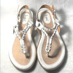 b.o.c. White and Tan T-Strap Sandals with Braided Straps